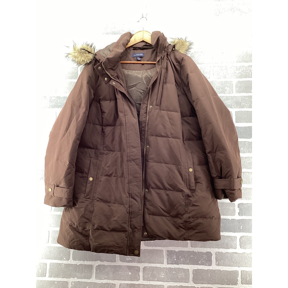 Lands End Womens 1X Brown Down Puffer Parka Faux Fur Hood Quilted Winter Coat